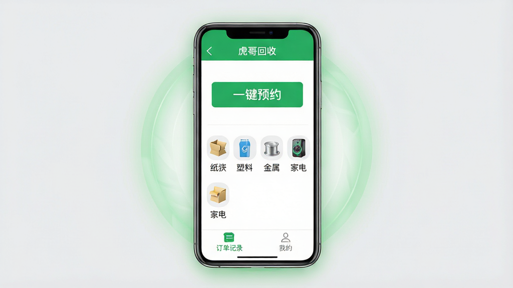 一张手机界面展示图,画面中央是一部竖屏智能手机,屏幕上显示“虎哥回收”APP的首页界面,顶部有绿色导航栏写着“虎哥回收”,中间有醒目的“一键预约”按钮,下方排列着纸壳、塑料、金属、家电等分类图标,底部有订单记录和我的两个标签。手机周围有淡淡的绿色光晕,背景为浅灰色。风格为现代UI展示图,细节清晰,文字锐利,画面干净,无多余元素,高清画质。