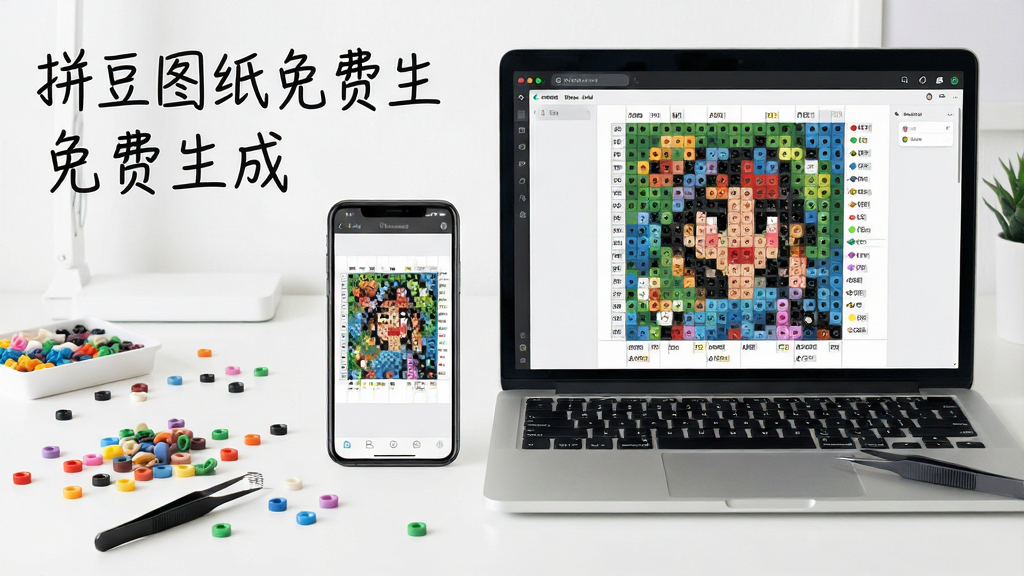 主图展示拼豆图纸免费生成软件界面,画面中央是一部智能手机和一台笔记本电脑并排摆放,屏幕上都显示着色彩鲜艳的像素拼豆图纸,图纸上有清晰的网格线和色号标注,周围散落着五颜六色的拼豆豆子和镊子,背景是干净整洁的手工桌面,风格清新写实,细节丰富,画质高清,画面干净无多余元素,软件名称“拼豆图纸免费生成”以手写体标注在画面左上角