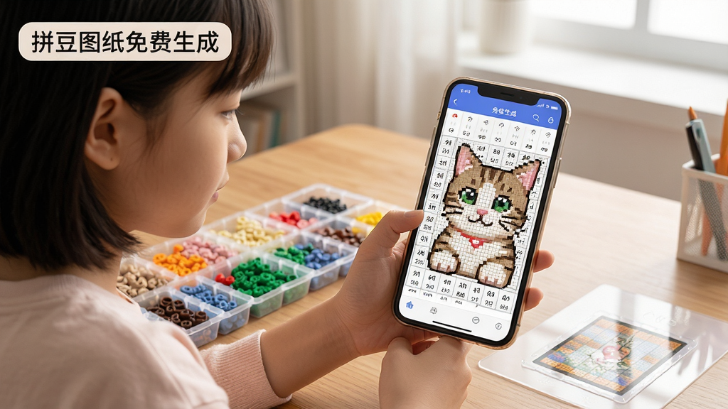 展示一位年轻女孩坐在书桌前,手持手机打开拼豆图纸免费生成软件,手机屏幕上显示一张可爱的猫咪照片正在被转换成像素拼豆图纸,屏幕中可见清晰的网格和色号数字,桌面上摆放着分类好的彩色拼豆豆子和透明模板,画面温馨明亮,风格写实生活化,细节精致,画质高清,画面干净,软件名称“拼豆图纸免费生成”以标签形式出现在手机屏幕上方