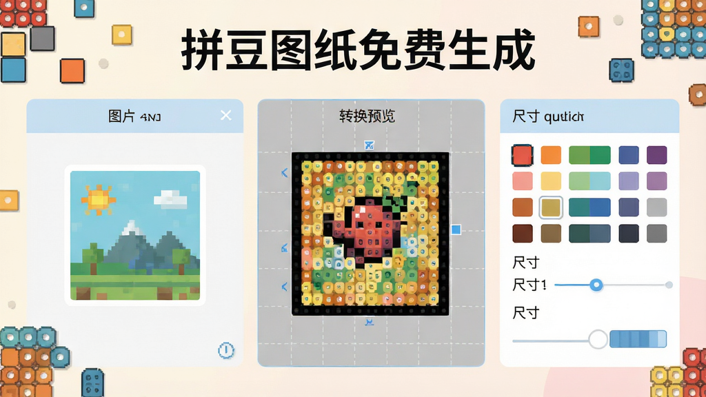 展示拼豆图纸免费生成软件的功能界面截图风格插画,画面分为三个区域,左侧是图片导入区,中间是像素转换预览区,右侧是色卡选择和尺寸调节面板,界面简洁现代,配色柔和,屏幕上显示“拼豆图纸免费生成”的软件标题,周围有像素方块和拼豆图案装饰,风格扁平化设计,细节清晰,画质高清,画面干净无多余元素