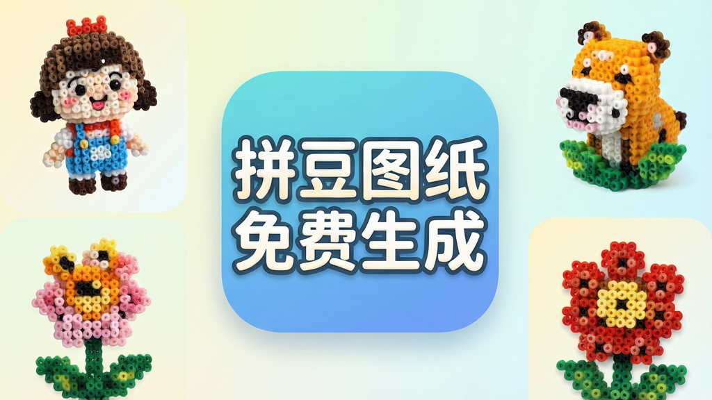 展示拼豆图纸免费生成软件的图标和名称出现在画面中央,周围环绕着各种拼豆作品成品照片,有卡通人物、动物、花朵等拼豆图案,背景是浅色渐变,风格清新可爱,细节丰富,画质高清,画面干净,软件名称“拼豆图纸免费生成”以圆润字体突出显示