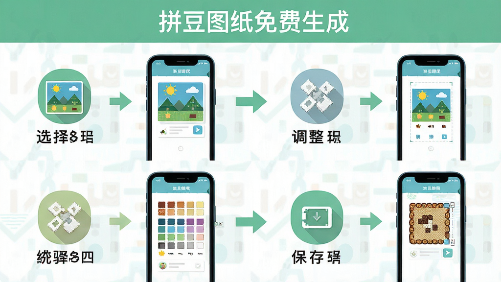 展示拼豆图纸免费生成软件的操作步骤示意图,画面分为四个步骤,第一步选择图片,第二步调整尺寸,第三步选择色卡,第四步保存图纸,每个步骤用简洁的图标和手机界面展示,配有箭头连接,风格扁平化信息图,配色清新,细节清晰,画质高清,画面干净,软件名称“拼豆图纸免费生成”出现在画面顶部