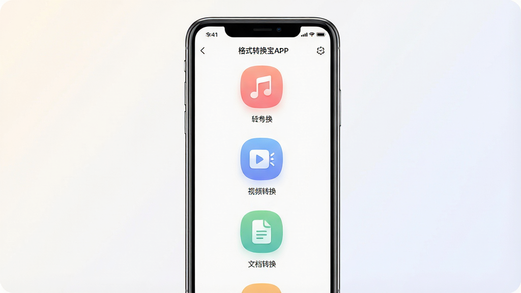 一张展示格式转换宝软件主界面的图片,画面中央是一部智能手机,手机屏幕上显示格式转换宝APP的首页界面,界面上有音频转换、视频转换、文档转换等清晰的功能入口图标,背景为简洁的浅色渐变,整体布局干净整洁,风格为现代扁平化UI设计,细节上图标圆润、色彩柔和,画质清晰,无多余元素干扰,画面中不出现任何文字水印。