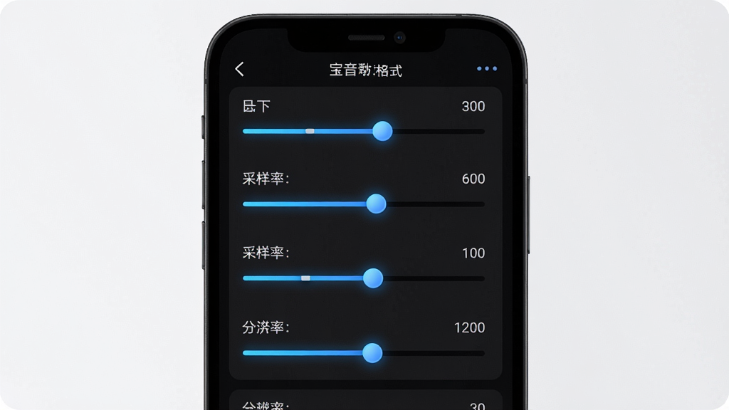 一张展示格式转换宝音质画质设置界面的图片,画面中央是手机屏幕特写,屏幕上显示比特率、采样率、分辨率等参数调节滑块,界面风格为深色模式搭配蓝色高亮,布局清晰有序,细节上滑块带有微光效果,画质精细,背景简洁,无多余装饰元素。