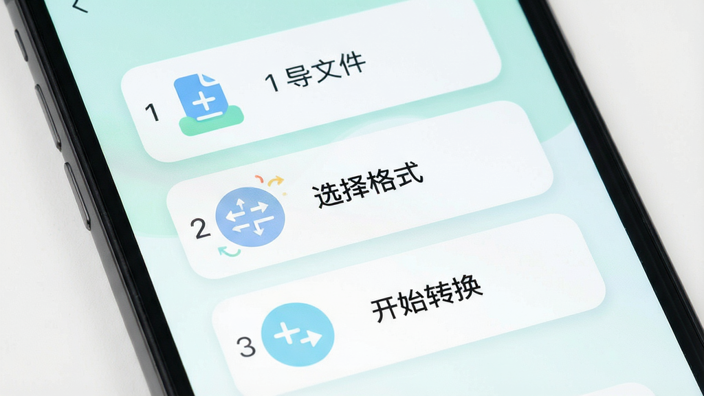 一张展示格式转换宝新手操作引导的图片,画面中手机屏幕显示一个简洁的步骤引导页,包含导入文件、选择格式、开始转换三个图标步骤,界面风格为清新浅色搭配圆角卡片,布局为纵向排列,细节上每个步骤有数字序号和简短说明文字,画质清晰,背景干净无多余元素。