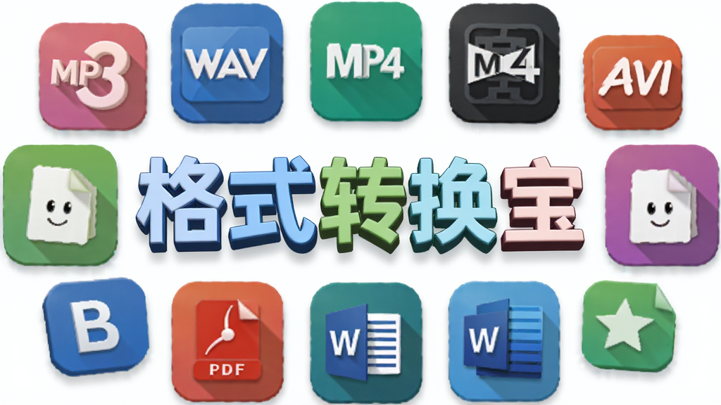 一张展示格式转换宝多格式支持能力的图片,画面中央是格式转换宝软件名称的立体字样,周围环绕着MP3、WAV、MP4、AVI、PDF、Word等格式图标,图标以彩色圆角方块呈现,布局呈放射状排列,风格为科技感与亲和力结合的扁平插画,细节上图标带有轻微阴影,画质高清,背景干净无杂物。