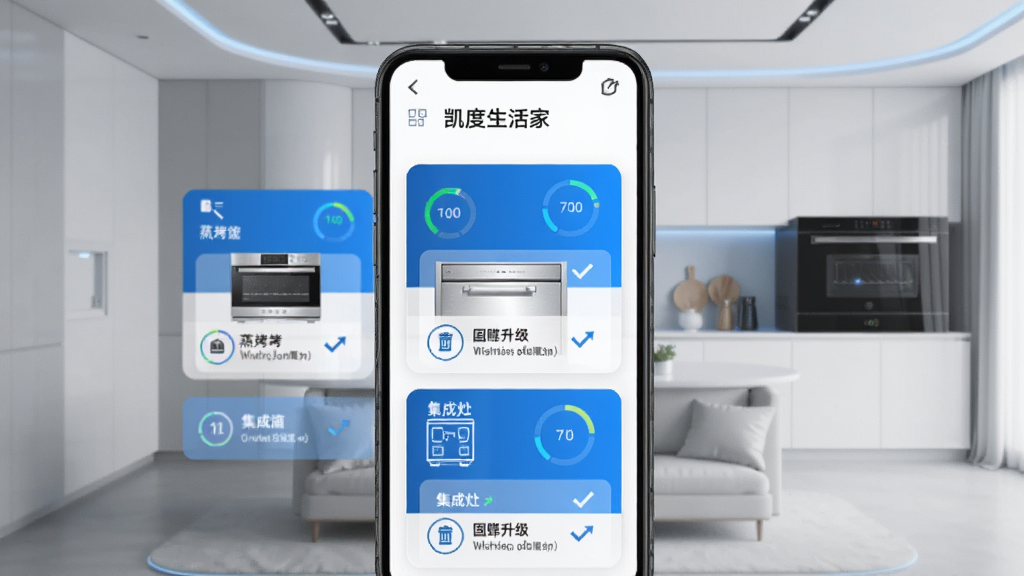 凯度生活家设备管理页面,手机屏幕显示多台凯度厨电设备卡片,包括蒸烤箱、洗碗机、集成灶,每张卡片上有设备状态图标和固件升级提示,背景为简洁的智能家居环境,风格商务科技感,色调蓝白为主,画质清晰,无多余元素