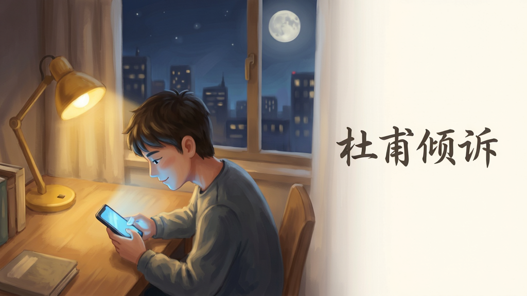 画面描绘一个静谧的夜晚场景,一位现代年轻人坐在窗边的书桌前,桌上台灯散发着暖黄色光芒,年轻人正低头看着手机,手机屏幕发出柔和的蓝光映在脸上,窗外是城市夜景与一轮明月。画面采用俯视角度,布局上人物位于画面左下角,右侧留白处用淡墨书写“杜甫倾诉”字样。风格为温馨治愈系数字绘画,细节上注重光影对比与人物神态的放松感,画质柔和干净,无多余元素。