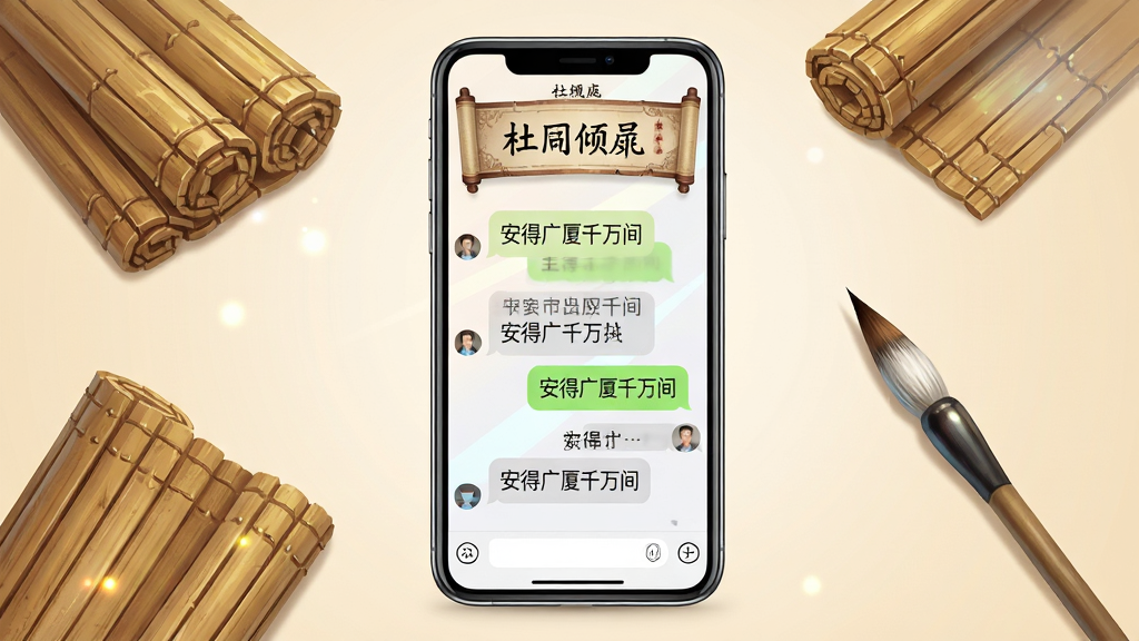 画面主体是一部竖屏智能手机,手机屏幕内显示着杜甫倾诉应用的聊天界面,界面上方有古风卷轴样式的标题栏,中间是对话气泡,气泡内隐约可见“安得广厦千万间”等诗句,手机周围散落着几卷竹简与一支毛笔。布局采用居中对称构图,手机位于画面正中央。风格为现代科技与古典元素融合的插画风,细节上强调手机屏幕的光影质感与竹简的纹理,画质清晰明亮,无多余元素,背景为浅米色渐变。