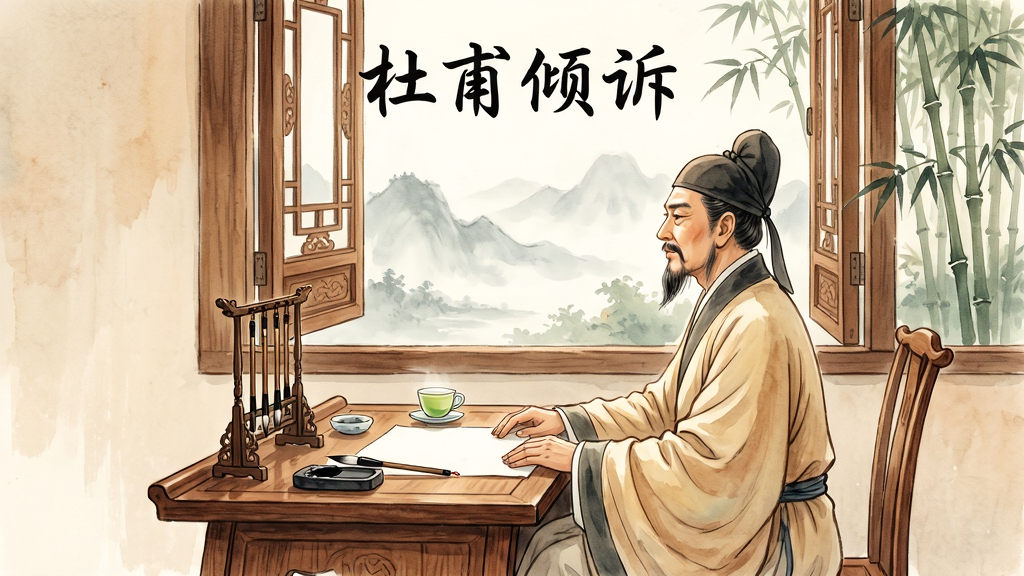 画面中央是一位身着唐代文人服饰的儒雅长者侧身坐在古色古香的木质书案前,书案上摆放着笔墨纸砚与一盏清茶,背景是半开的雕花木窗,窗外可见朦胧的远山与竹林。整体布局采用竖版手机屏幕比例,上方留白处用行书字体写着“杜甫倾诉”四个字。风格为中国传统水墨淡彩,细节上注重衣纹的流畅感与书案的木质纹理,画质细腻干净,无多余元素,整体色调温暖柔和。