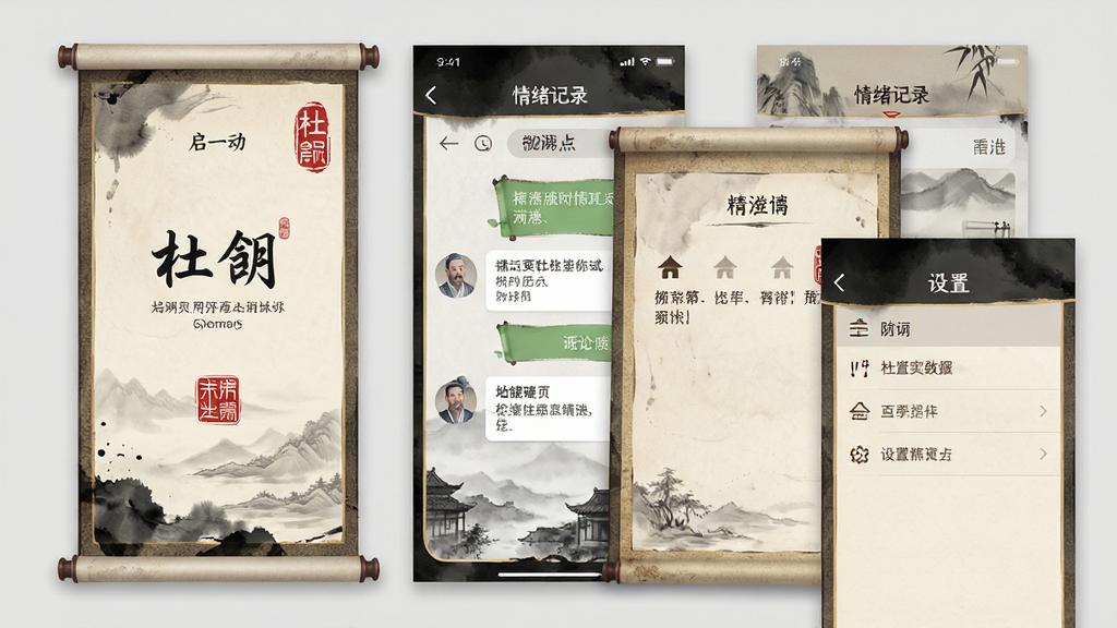 画面展示杜甫倾诉应用的多个界面截图拼贴,包括启动页、聊天页、情绪记录页和设置页,每个界面都带有明显的古风设计元素,如卷轴边框、印章图标和水墨背景。布局采用错落有致的拼贴方式,界面之间有轻微重叠。风格为UI设计展示图,细节上清晰呈现界面内的文字与图标,画质锐利干净,背景为浅灰色,无多余元素。