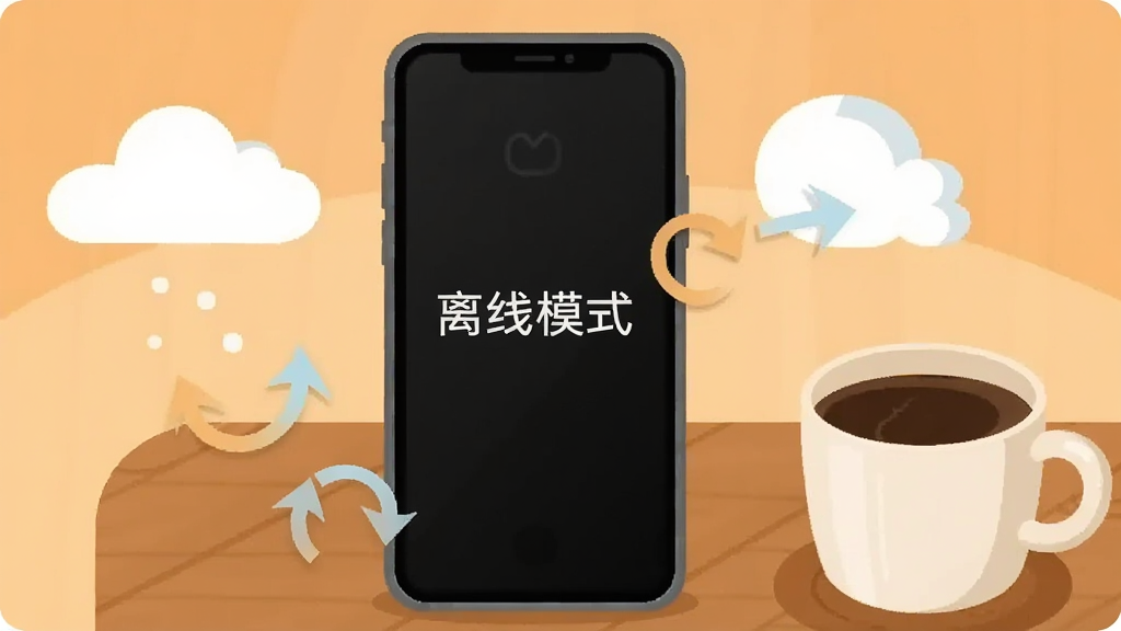 画面展示一个手机屏幕显示“离线模式”字样,屏幕周围有云朵和同步箭头图标,手机放置在一个木质桌面上,旁边有一杯咖啡。背景为温暖的浅橙色,风格为扁平化生活插画,细节简洁,画质干净,无多余元素。