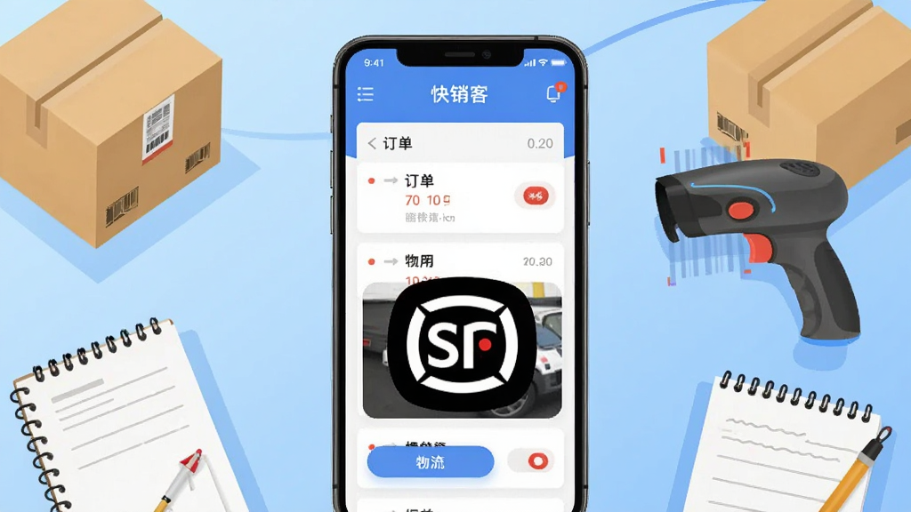 画面中央是一部智能手机,手机屏幕显示快销客软件的操作界面,界面中有订单列表和顺丰物流图标。手机周围环绕着快递纸箱、扫码枪和记事本等办公元素。背景是干净的浅蓝色渐变,整体布局居中对称,风格为扁平化商务插画,细节清晰,画质干净明亮,无多余元素。