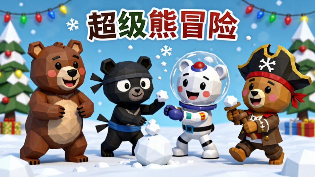 四只不同皮肤的小熊在雪地里打雪仗,分别是经典棕熊、忍者熊、太空熊和海盗熊,背景有圣诞树和彩灯,低多边形3D风格,画面顶部用节日字体写着