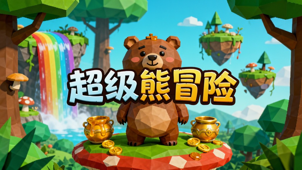 一只圆滚滚的棕色小熊站在翠绿森林的蘑菇平台上,周围散布金色蜂蜜罐与金币,远处有彩虹瀑布和漂浮的小岛,低多边形卡通风格,明亮饱和的色彩,画面中央用活泼字体写着