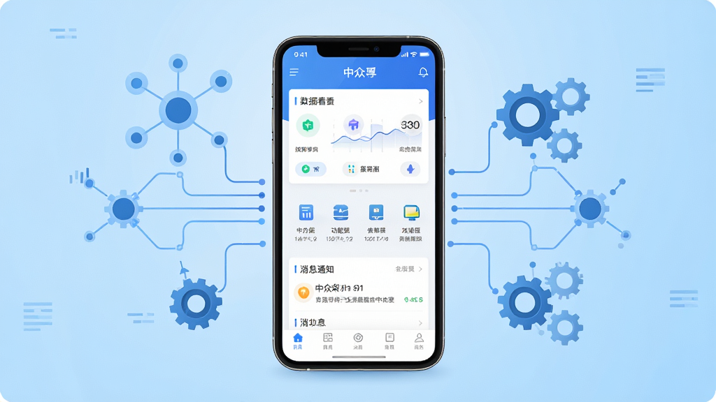 中众孚APP主界面展示,画面中央是一部智能手机,手机屏幕上显示中众孚应用首页,包含数据看板、功能入口和消息通知区域。手机周围环绕着工业互联网元素,如数据节点、连接线和齿轮图标。背景为浅蓝色渐变科技风格,整体布局简洁清晰,突出移动端应用界面。风格为扁平化UI设计展示,细节精致,画质高清,干净无多余元素