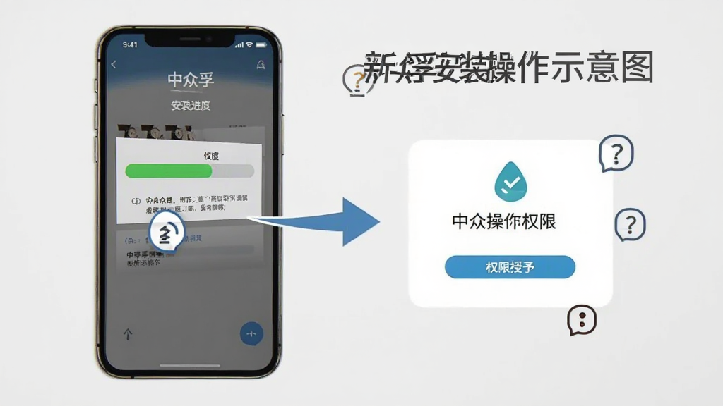 中众孚新手安装操作示意图,画面展示一部手机,屏幕内显示安装进度条和权限授予界面,旁边有箭头和提示图标。背景为浅灰色,风格简洁教程风,画质清晰,干净无多余元素,图中文字为中文“中众孚”