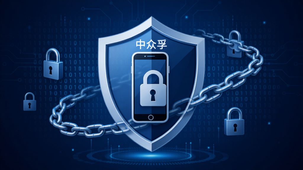 中众孚数据安全防护概念图,画面中心是一个盾牌图标,盾牌内显示手机和锁的图案,周围环绕着二进制代码和加密锁链。背景为深蓝色科技感渐变,风格稳重安全,画质高清,干净无多余元素,图中文字为中文“中众孚”