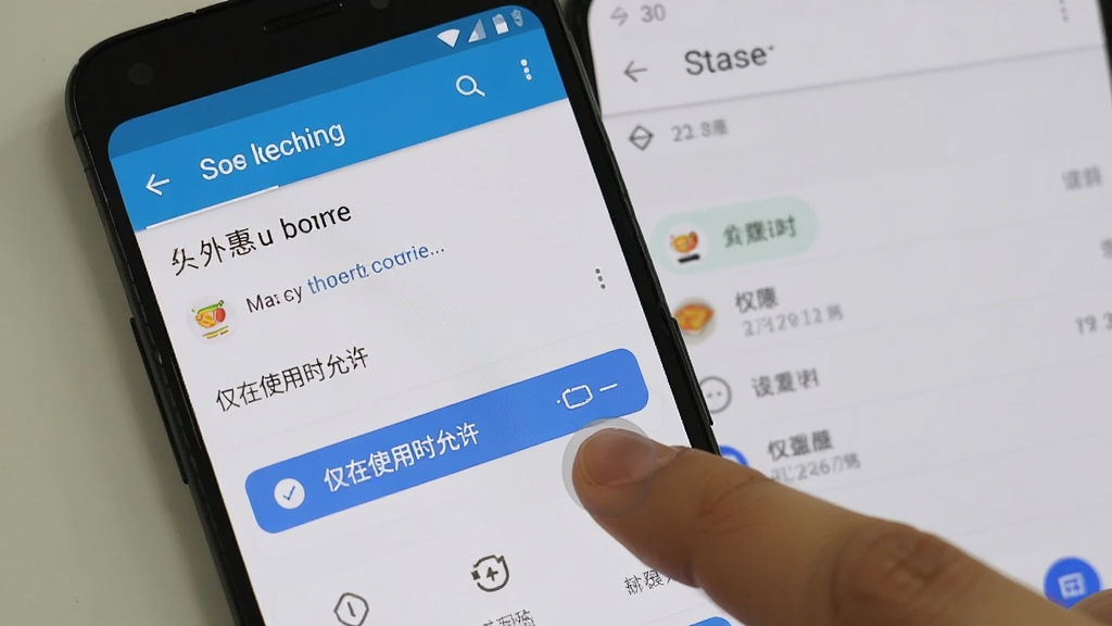 一部安卓手机显示外卖点餐优惠多的权限设置界面,旁边有手指点击