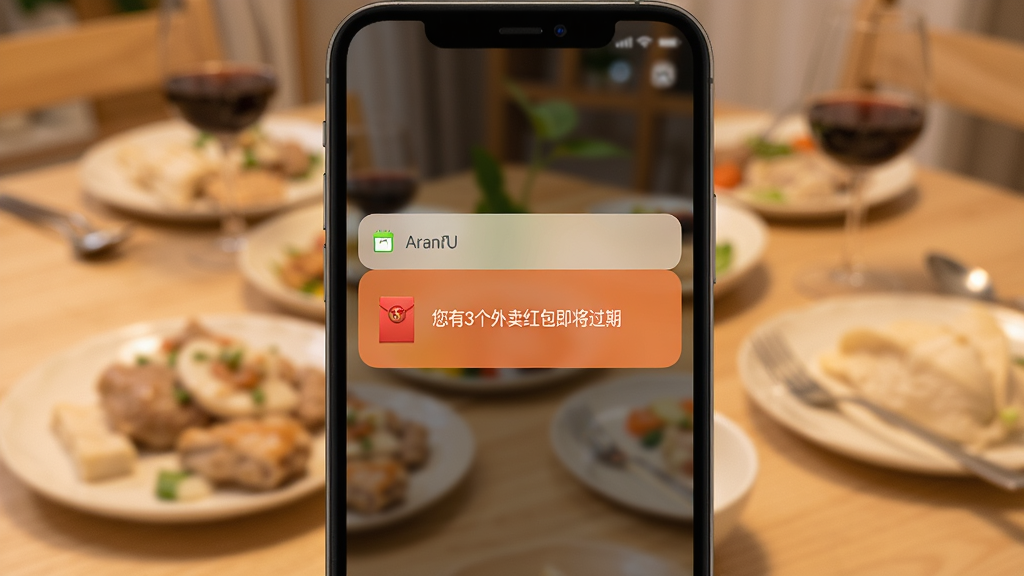 手机通知栏弹出外卖点餐优惠多的红包到期提醒,通知内容显示