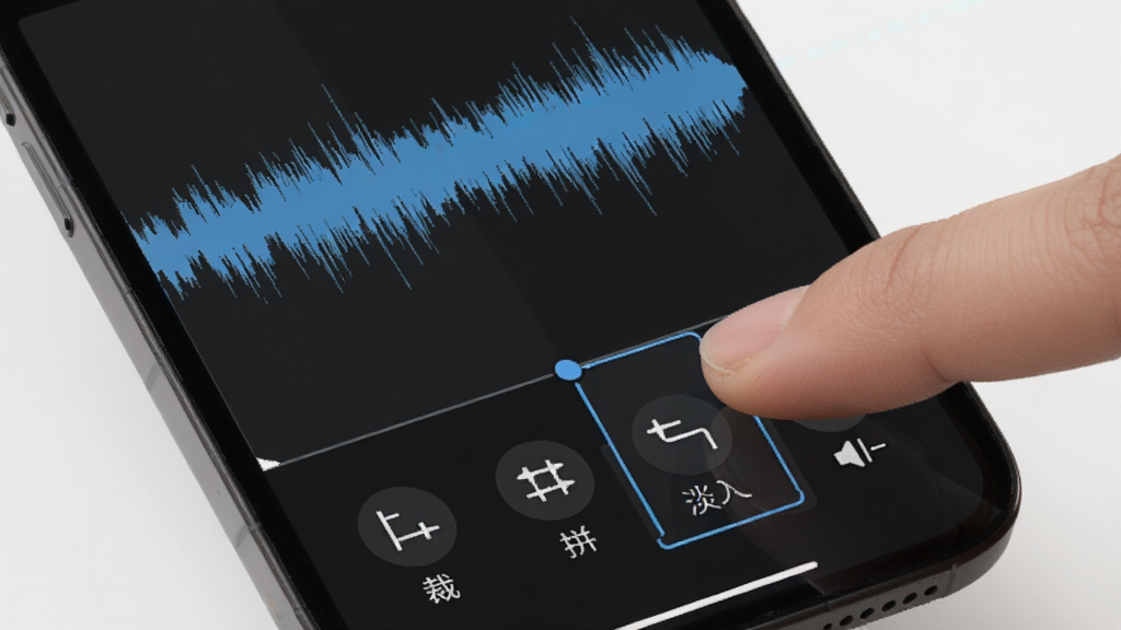 音频转换提取器的音频剪辑界面,手机屏幕上显示一段音频波形图,下方有裁剪、拼接、淡入淡出、音量调节等图标按钮,用户手指正在拖动选区,背景为浅色简约风格,画质高清,干净整洁
