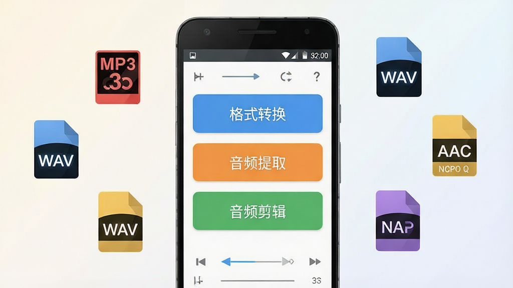 一张展示音频转换提取器软件主界面的手机预览图,画面中央是一部安卓手机,屏幕上显示着音频转换提取器的操作界面,界面中有“格式转换”“音频提取”“音频剪辑”三个主要按钮,背景是简洁的浅色渐变,手机周围漂浮着MP3、WAV、AAC等格式图标,风格为扁平化科技感,细节清晰,画质干净,无多余元素