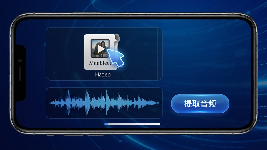 手机屏幕展示音频转换提取器的视频提取功能,画面中显示一个视频文件被拖入提取区域,下方出现音频波形图,旁边有“提取音频”按钮,背景为深蓝色渐变,风格为动感科技,细节精致,画质清晰,无多余元素