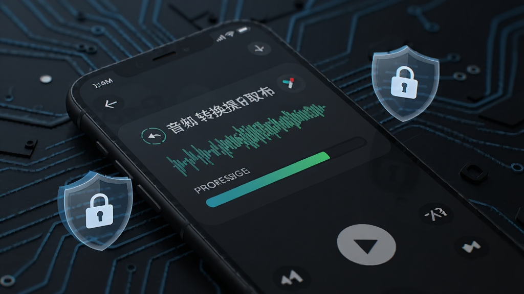 一部手机处于飞行模式界面,屏幕上显示音频转换提取器正在本地处理音频文件,进度条稳步前进,周围有盾牌和锁的图标象征隐私安全,背景为深色科技风格,画质清晰,无多余元素