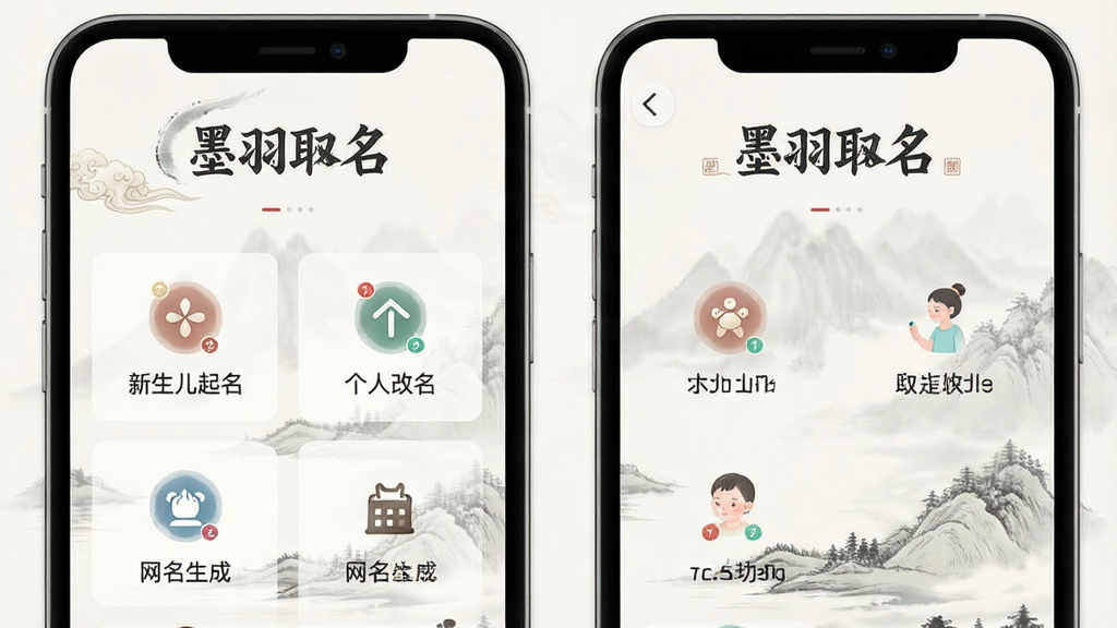 一张手机应用界面展示图,画面中央是墨羽取名软件的主页,顶部有软件名称墨羽取名,下方排列着新生儿起名、个人改名、网名生成等功能入口,整体采用淡雅的水墨风格配色,背景有淡淡的山水纹样,界面干净整洁,图标精致,画质清晰,无多余元素