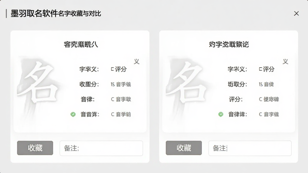 墨羽取名软件的名字收藏与对比界面,画面中展示两个名字的对比卡片,并排显示字义、评分、音律等信息,下方有收藏按钮和备注输入框,界面设计简洁,采用浅灰色背景,文字排版整齐,画质清晰