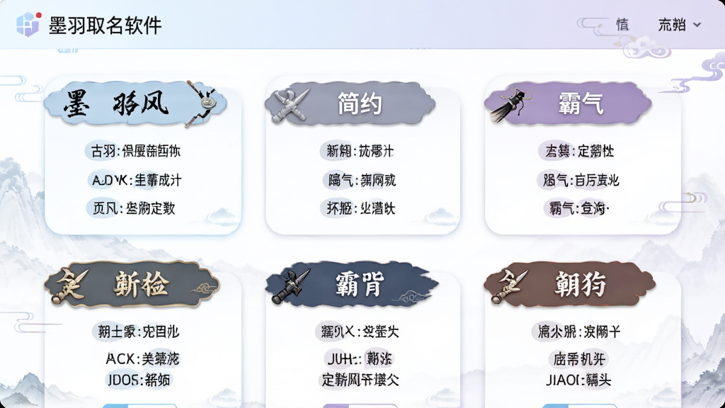 墨羽取名软件的网名生成界面,画面中显示多个风格各异的网名标签,如古风、简约、霸气等,每个标签下有若干网名示例,界面采用卡片式布局,配色柔和,有浅蓝色和淡紫色的点缀,整体看起来清爽舒适,画质清晰