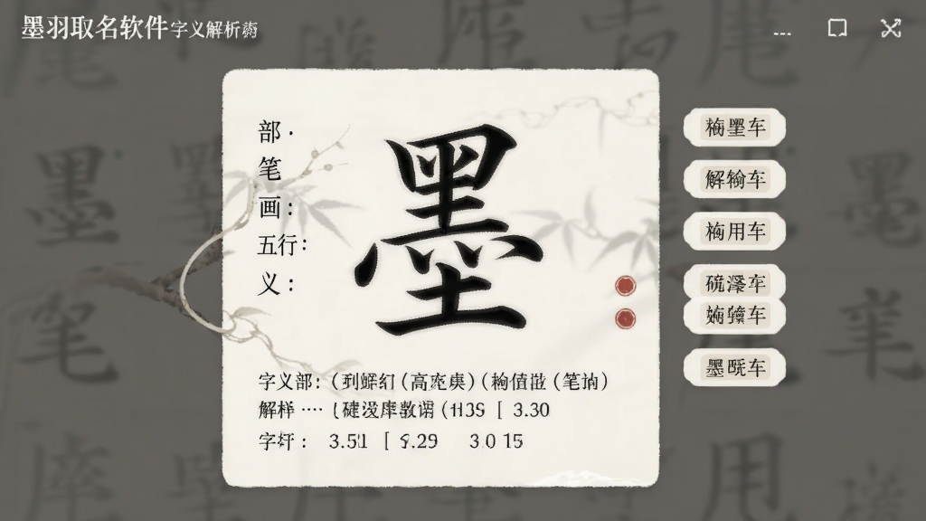 墨羽取名软件的字义解析界面,画面中展示一个汉字墨的详细解析卡片,包含部首、笔画、五行、字义解释等信息,卡片设计简洁,采用米白色背景,文字清晰,旁边有相关推荐用字的小标签,整体风格素雅,画质干净