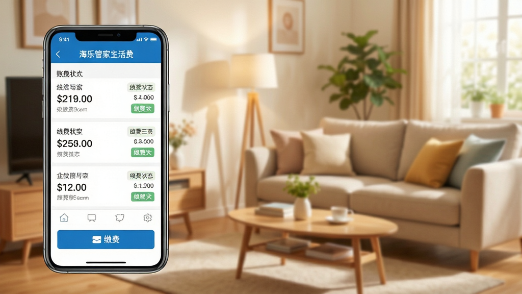 海乐管家生活缴费界面展示图,画面中手机屏幕显示账单列表与缴费按钮,背景为居家客厅场景,风格温馨明亮,细节上突出账单金额与缴费状态标签,画质清晰,干净,无多余元素。