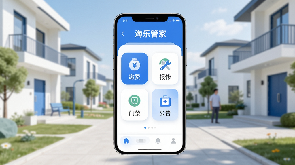 海乐管家应用主界面展示图,画面中央放置一部智能手机,手机屏幕显示海乐管家首页,包含缴费、报修、门禁、公告等功能图标,背景为现代简约社区场景,风格清新扁平化,细节上体现蓝白配色与圆角卡片设计,画质清晰,干净,无多余元素。