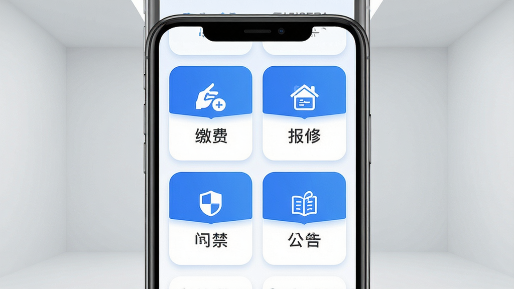 海乐管家核心功能展示图,画面中心为手机屏幕,屏幕内呈现缴费、报修、门禁、公告四大功能卡片,卡片以蓝白配色圆角矩形排列,背景为浅灰色简洁空间,风格商务清新,细节上突出图标与文字标签,画质清晰,干净,无多余元素。