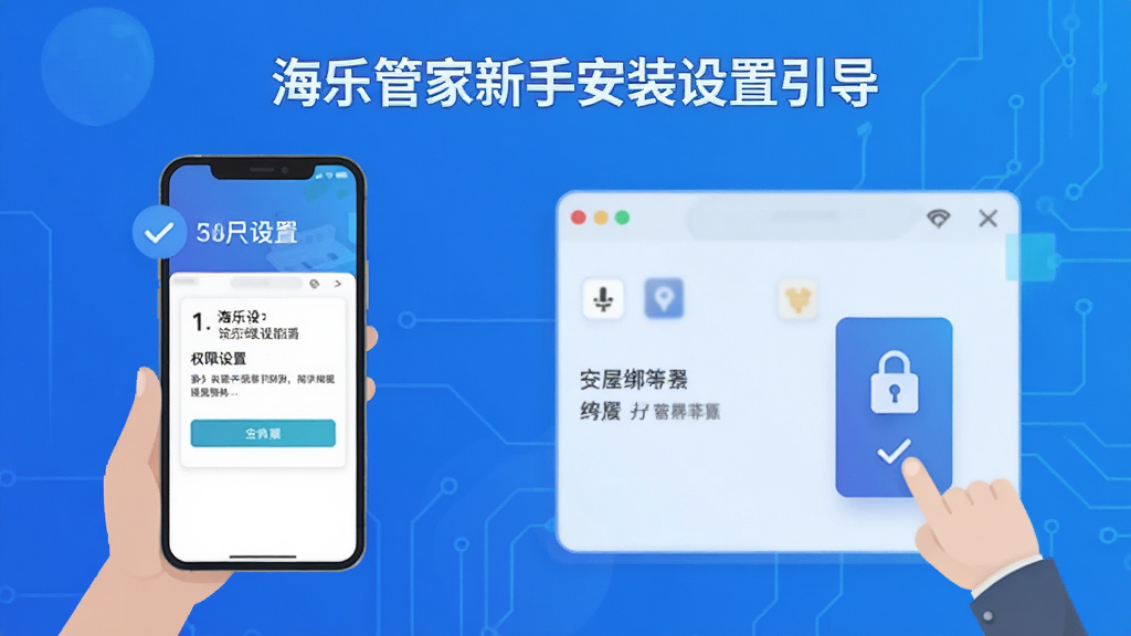 海乐管家新手安装设置引导图,画面展示手机屏幕上的权限设置与房屋绑定流程,背景为简洁的科技蓝渐变,风格扁平化教程插图,细节上体现步骤序号与勾选图标,画质清晰,干净,无多余元素。