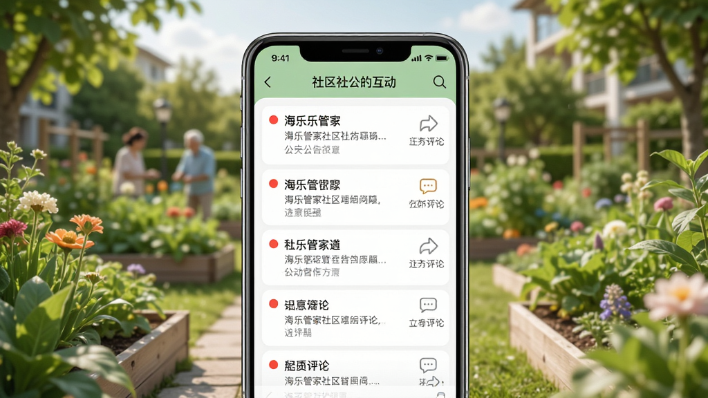 海乐管家社区公告与互动界面图,画面中心为手机屏幕显示公告列表与消息提醒,背景为社区花园场景,风格清新自然,细节上体现通知红点与互动评论图标,画质清晰,干净,无多余元素。