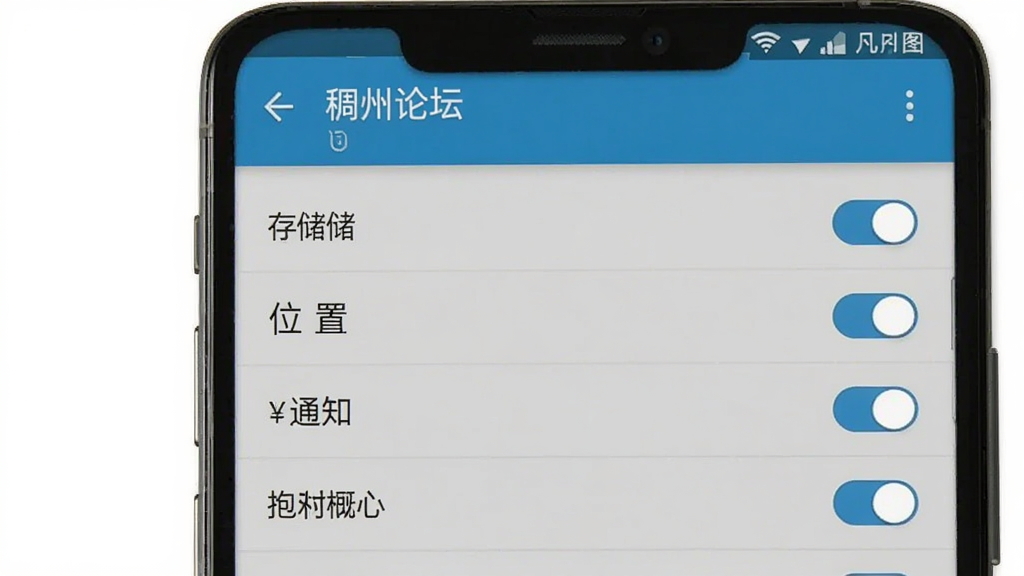 稠州论坛安卓版安装权限设置示意图,主体为手机屏幕显示应用权限管理页面,布局为列表式开关选项,排版清晰,风格为系统原生设置界面,细节包括存储、位置、通知等权限条目与开关按钮,画质干净无多余元素