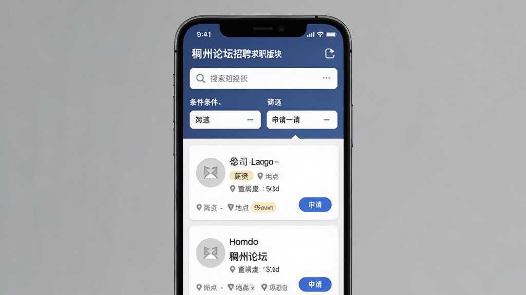 稠州论坛招聘求职版块功能展示图,主体为手机界面呈现职位列表与筛选栏,布局采用上下分区,上方为搜索与条件筛选,下方为职位卡片列表,风格为简约商务风,细节包括公司Logo占位、薪资标签、地点标注、申请按钮,画质干净整洁无多余元素