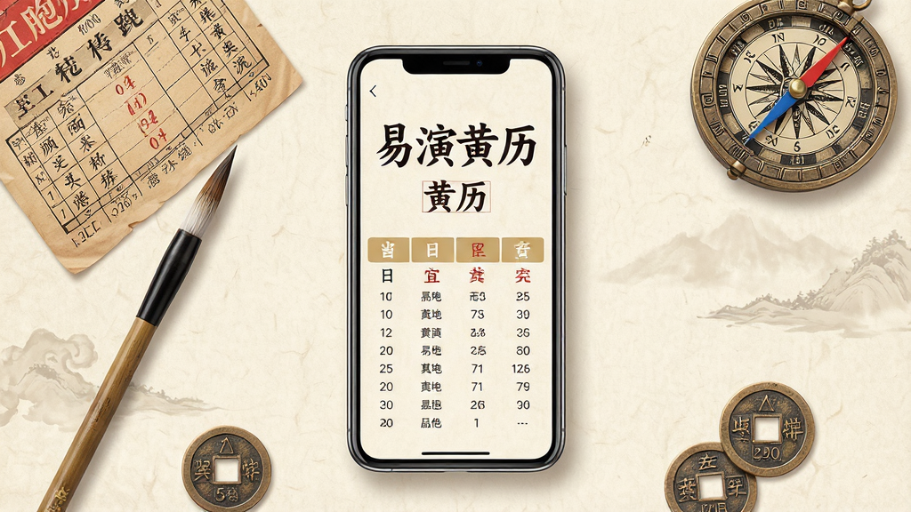 一张展示中国传统黄历与现代手机界面融合的图片,画面中央是一部智能手机,屏幕显示“易演黄历”四个大字和当日宜忌列表,手机周围环绕着老黄历、毛笔、罗盘、铜钱等传统元素,背景是淡雅的米黄色宣纸纹理,整体风格简约大气,排版居中对称,细节精致干净,画质高清,无多余元素