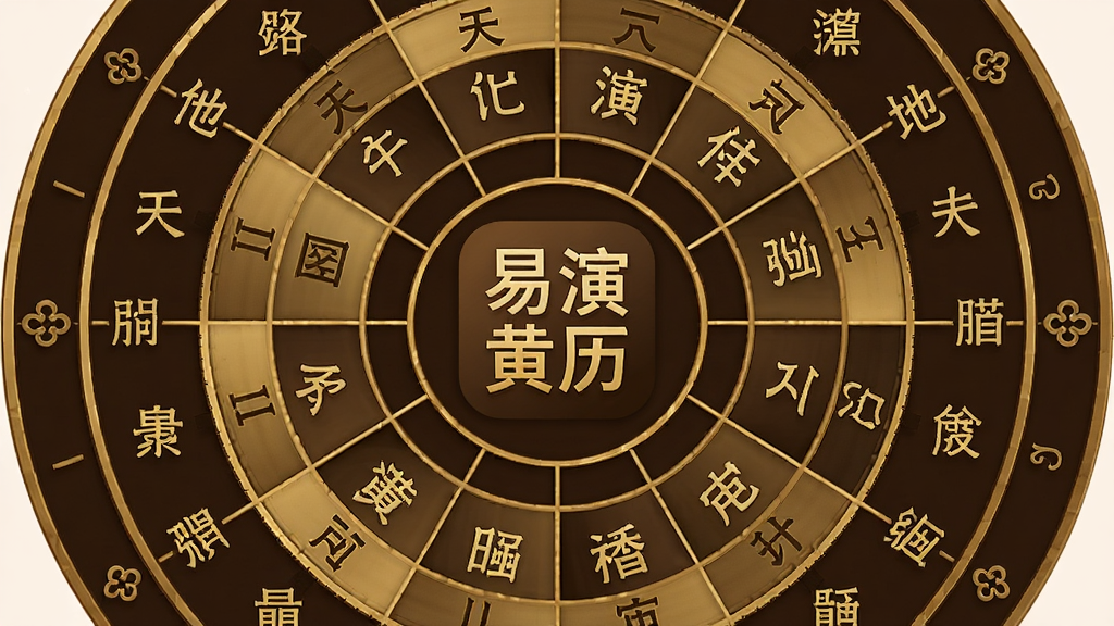一张展示十二时辰与天干地支对应关系的图表式图片,画面以圆形罗盘为底,外圈标注十二时辰名称,内圈标注天干地支,中心显示“易演黄历”软件图标,配色以深棕与金色为主,风格古典庄重,排版规整,画质高清,无多余装饰