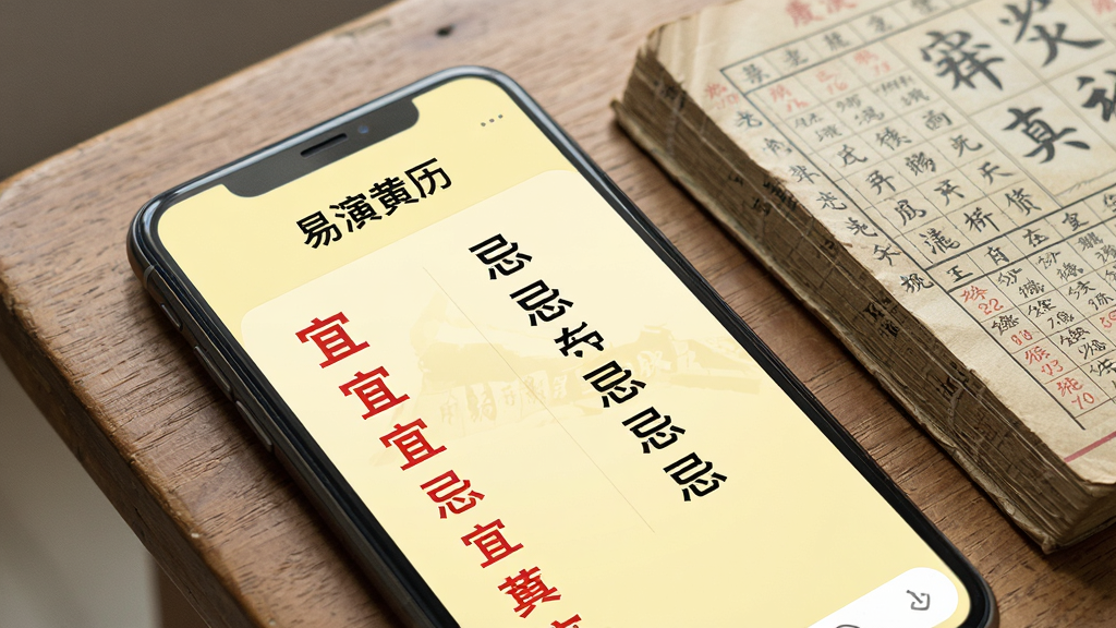 一张手机屏幕特写图片,屏幕中显示“易演黄历”的每日宜忌页面,左侧为红色宜字列表,右侧为黑色忌字列表,背景为柔和的浅黄色,手机放置在木质桌面上,旁边有一本翻开的传统老黄历,整体风格写实自然,画质清晰,无杂乱元素