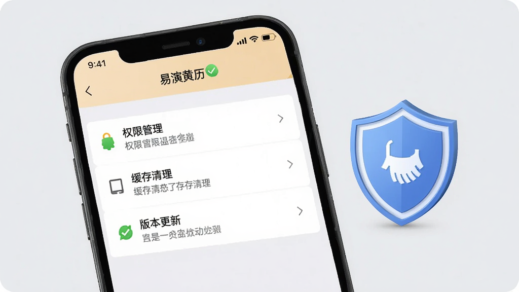 一张手机屏幕截图展示“易演黄历”设置页面的图片,页面中包含权限管理、缓存清理、版本更新等选项,手机旁边放置一个盾牌图标象征安全防护,背景为浅灰色,风格简洁实用,排版清晰,画质干净,无多余元素