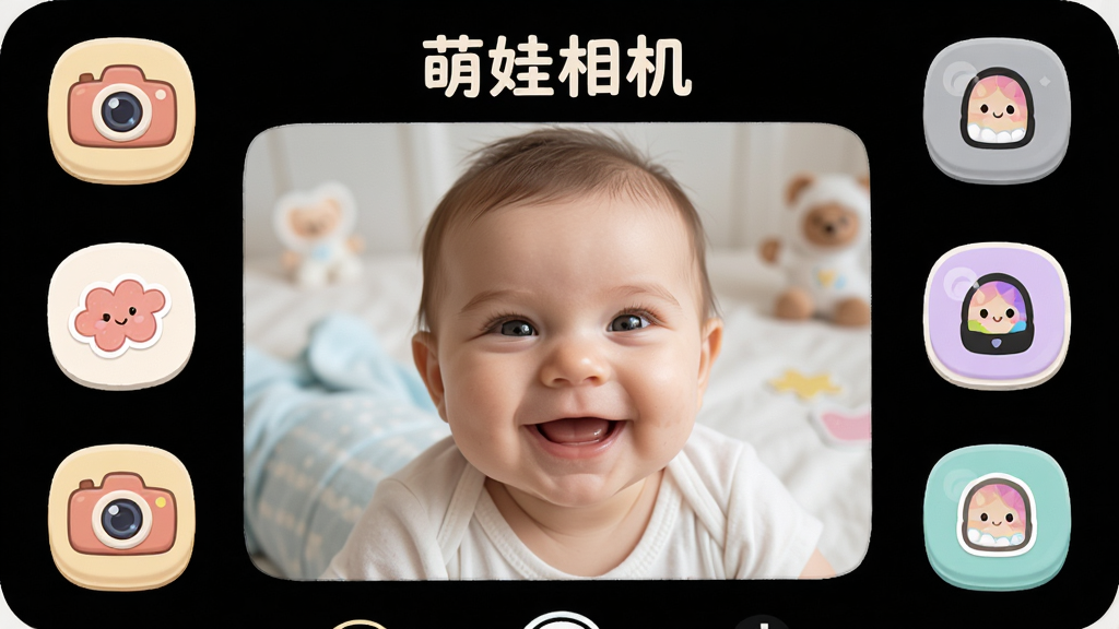 һ���ֻ���Ļչʾ�������Ӧ�ý����ͼƬ�����������ǿɰ���Ӥ��Ц������Χ���������ͼ�ꡢ��ֽ���˾���Ԫ�أ����ּ�������������ܰ��ͨ��ϸ�ڰ���Բ�ǰ�ť�����ɫ�ʣ����ʸɾ����壬�޶���Ԫ�أ�ͼƬ�����ֱ�ע�������������
