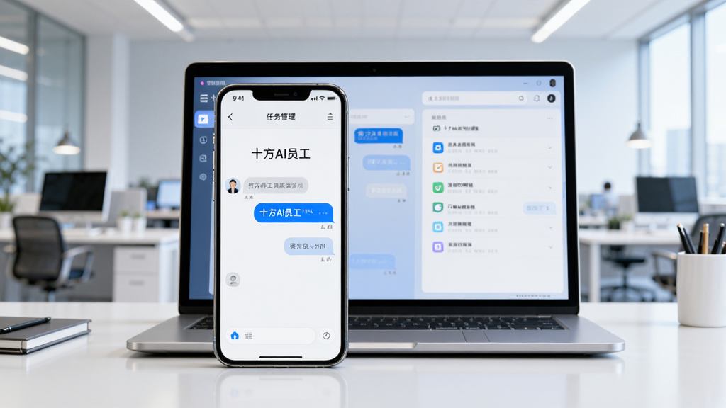 画面中央展示一部智能手机和一台笔记本电脑并排摆放,手机屏幕显示“十方AI员工”的对话界面,电脑屏幕显示任务管理面板,背景为明亮的现代办公环境,布局采用左右对称构图,风格为清爽科技感,细节包括简洁的图标与柔和的蓝白配色,画质清晰干净,无多余元素