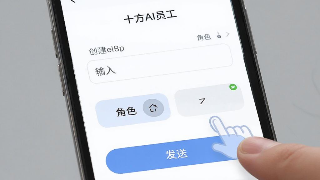 画面展示一部手机屏幕特写,屏幕上显示“十方AI员工”的任务创建流程,包括输入框、角色选择按钮和发送按钮,屏幕旁边有手指点击的示意,布局为手机居中放大,风格为简洁UI展示图,细节包括清晰的按钮文字和柔和的界面配色,画质干净无多余元素