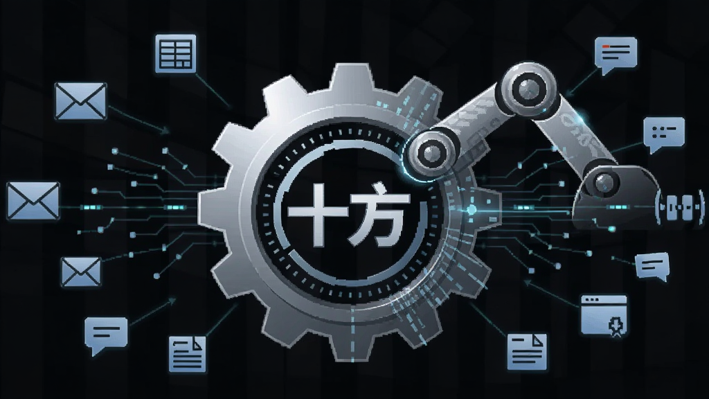 画面中央是一个齿轮与机械臂结合的抽象图形,齿轮上标注“十方”字样,周围环绕着邮件、表格、对话框等小图标,布局为中心发散式,风格为科技感矢量图,细节包括金属质感的齿轮和发光的数据线条,画质清晰干净,无多余元素