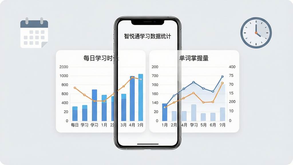 智悦通学习数据统计页面展示,画面中央为手机屏幕,屏幕中显示柱状图与折线图,图表展示每日学习时长与单词掌握量变化,背景为浅灰色,点缀日历与时钟图标,风格简约商务,布局规整,细节清晰,画质干净,无多余元素