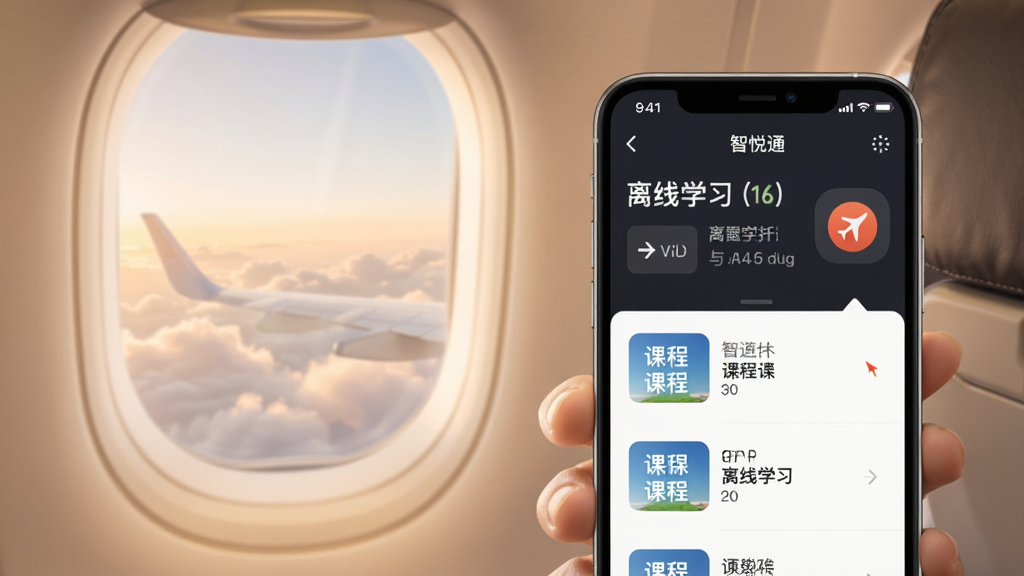 智悦通离线学习模式场景图,画面展示一部手机处于飞行模式状态,手机屏幕显示已下载的课程列表与离线学习标识,背景为飞机舷窗与云朵,色调柔和温暖,风格简约商务,布局清晰,细节到位,画质干净,无多余元素