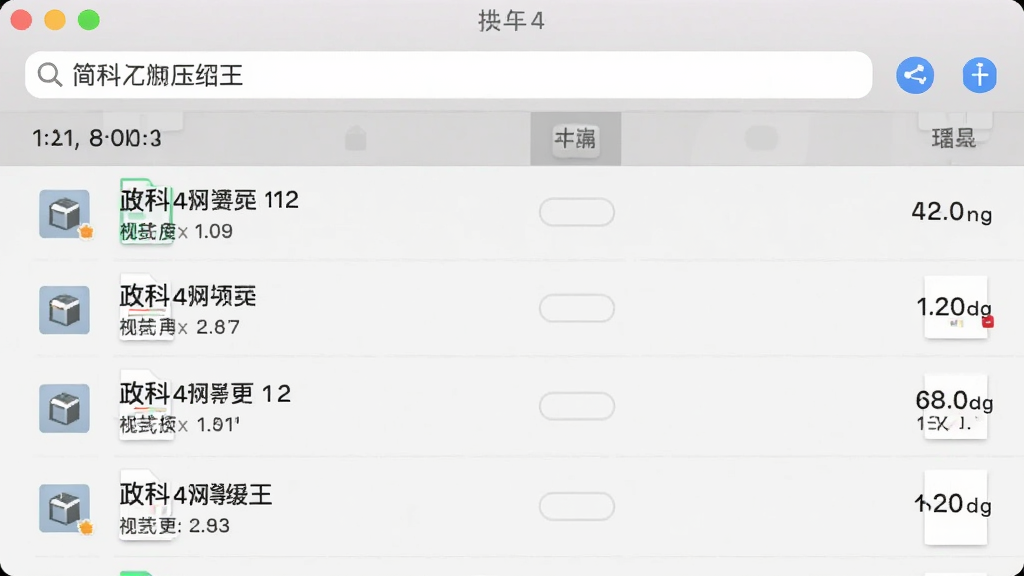 一张简科压缩王文件管理界面的手机截图,画面显示文件列表按时间排序,每个文件旁边有压缩包图标和大小信息,顶部有搜索栏,背景是浅灰色,风格清爽素雅,布局规整,画质高清干净,无多余元素